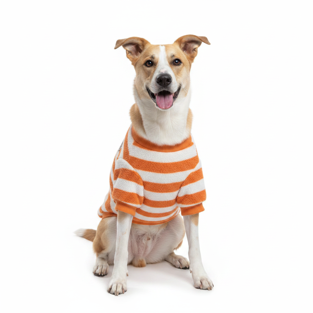 Chien beige veste orange